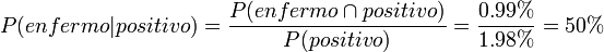 P(enfermo|positivo) = \frac{P(enfermo \cap positivo)}{P(positivo)}=\frac{0.99%}{1.98%}=50%