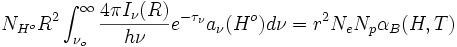 N_{H^o}R^2\int_{\nu_o}^{\infty}\frac{4\pi I_{\nu}(R)}{h\nu}e^{-\tau_{\nu}}a_{\nu}(H^o)d\nu = r^2N_eN_p\alpha_B(H,T)