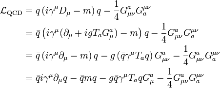 \begin{align}
\mathcal{L}_\mathrm{QCD} 
& = \bar{q}\left(i \gamma^\mu D_\mu - m \right) q - \frac{1}{4}G^a_{\mu \nu} G^{\mu \nu}_a \\
& = \bar{q}\left(i \gamma^\mu (\partial_\mu + i g T_a G^a_\mu ) - m \right) q - \frac{1}{4}G^a_{\mu \nu} G^{\mu \nu}_a \\
& = \bar{q}\left(i \gamma^\mu \partial_\mu - m \right) q - g \left(\bar{q} \gamma^\mu T_a q \right) G^a_{\mu\nu} - \frac{1}{4}G^a_{\mu \nu} G^{\mu \nu}_a \\
& = \bar{q} i \gamma^\mu \partial_\mu q  - \bar{q} m q - g \bar{q} \gamma^\mu T_a q G^a_\mu - \frac{1}{4}G^a_{\mu \nu} G^{\mu \nu}_a \\
\end{align}
