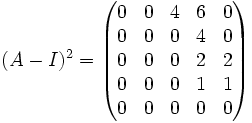 (A - I)^2=\begin{pmatrix}
0 & 0 & 4 & 6 & 0 \\
0 & 0 & 0 & 4 & 0 \\
0 & 0 & 0 & 2 & 2 \\
0 & 0 & 0 & 1 & 1 \\
0 & 0 & 0 & 0 & 0\end{pmatrix}