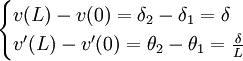 \begin{cases} v(L)-v(0) = \delta_2-\delta_1 = \delta \\ v'(L)-v'(0) = \theta_2-\theta_1 = \frac{\delta}{L} \end{cases}