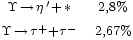 \begin{matrix} {}_{\Upsilon\,\rightarrow\,\eta\,' + \,*} & 
                                    {}_{2,8%} \\
                                    {}_{\Upsilon\,\rightarrow\,\tau^+ + \tau^-} & 
                                    {}_{2,67%} 
                 \end{matrix}