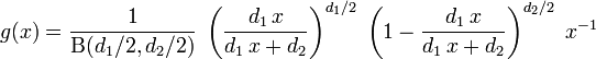 
g(x) = \frac{1}{\mathrm{B}(d_1/2, d_2/2)} \; \left(\frac{d_1\,x}{d_1\,x + d_2}\right)^{d_1/2} \; \left(1-\frac{d_1\,x}{d_1\,x + d_2}\right)^{d_2/2} \; x^{-1}
