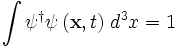 \int \psi^\dagger \psi \, (\mathbf{x},t) \; d^3x = 1 
