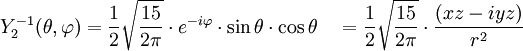 Y_{2}^{-1}(\theta,\varphi)={1\over 2}\sqrt{15\over 2\pi}\cdot e^{-i\varphi}\cdot\sin\theta\cdot\cos\theta\quad={1\over 2}\sqrt{15\over 2\pi}\cdot{(xz-iyz)\over r^{2}}