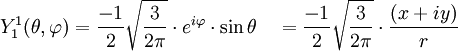 Y_{1}^{1}(\theta,\varphi)={-1\over 2}\sqrt{3\over 2\pi}\cdot e^{i\varphi}\cdot\sin\theta\quad={-1\over 2}\sqrt{3\over 2\pi}\cdot{(x+iy)\over r}