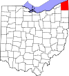 Mapa de Ohio con la ubicación del condado de Ashtabula