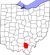 Mapa de Ohio con la ubicación del condado de Jackson