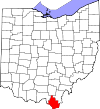 Mapa de Ohio con la ubicación del condado de Lawrence