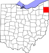 Mapa de Ohio con la ubicación del condado de Trumbull