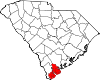 Mapa de Carolina del Sur con la ubicación del condado de Beaufort
