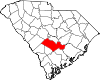 Mapa de Carolina del Sur con la ubicación del condado de Orangeburg