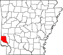 Mapa de Arkansas con el Condado de Sevier resaltado