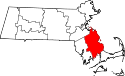 Mapa de Massachusetts con el Condado de Plymouth resaltado