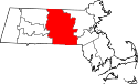 Mapa de Massachusetts con el Condado de Worcester resaltado