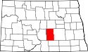 Mapa de Dakota del Norte con el Condado de Kidder resaltado