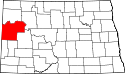 Mapa de Dakota del Norte con el Condado de McKenzie resaltado