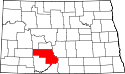 Mapa de Dakota del Norte con el Condado de Morton resaltado