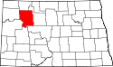 Mapa de Dakota del Norte con el Condado de Mountrail resaltado
