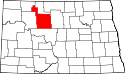 Mapa de Dakota del Norte con el Condado de Ward resaltado