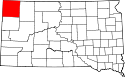 Mapa de Dakota del Sur con el Condado de Harding resaltado
