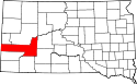 Mapa de Dakota del Sur con el Condado de Pennington resaltado