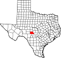 Mapa de Texas con el Condado de Kimble resaltado
