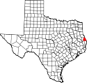 Mapa de Texas con el Condado de Sabine resaltado