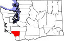Mapa de Washington con el Condado de Cowlitz resaltado