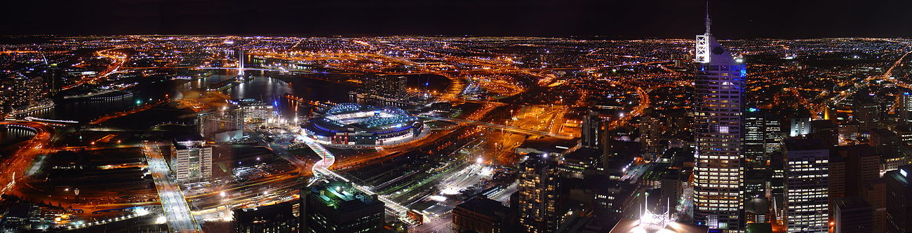 Vista aérea nocturna de Melbourne.