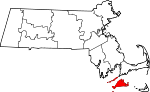 Mapa de Massachusetts con la ubicación del condado de Dukes
