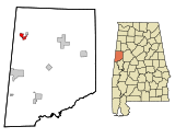 Ubicación en el condado de Pickens y en el estado de Alabama Ubicación de Alabama en EE. UU.