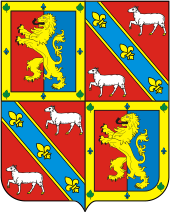 The shield from the coat of arms of the Marquis of Paraná with the arms of Leão family consisting of a golden rampant lion on an azure and red background alternating with the arms of the Carneiro family consisting of two white sheep on a red background and divided by a an azure bend containing three golden fleur-de-lis