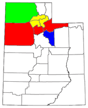 Mapa de Utah con el Área Estadística Metropolitana Combinada de Salt Lake City-Ogden-Clearfield (CSA), compuesta por:      Área Estadística Metropolitana de Davis City (MSA)      Área Estadística Metropolitana de Ogden-Clearfield (MSA)      Área Estadística Micropolitana de Brigham City (MSA)      Área Estadística Micropolitana de Heber (MSA)