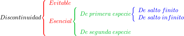 
   Discontinuidad
   { \color{Red}
   \left \{
      \begin{array}{l}
         Evitable \\
         Esencial
            { \color{PineGreen}
            \left \{
               \begin{array}{l}
                  De \; primera \; especie
                  { \color{Blue}
                  \left \{
                     \begin{array}{l}
                        De \; salto \; finito \\
                        De \; salto \; infinito
                     \end{array}
                  \right .
                  }\\
                  
                  \\
                  De \; segunda \; especie
               \end{array}
            \right .
            } \\
      \end{array}
   \right .
   }

