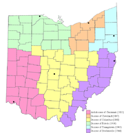 Mapa diocesano de Ohio con la Diócesis of Cleveland en cafe.