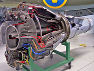 Vista en corte de un de Havilland Goblin, un turborreactor de flujo centrífugo utilizados en los primeros aviones de reacción británicos.