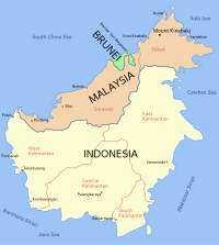 Mapa de la Isla de Borneo, hábitat del Muntiacus atherodes, donde comparte espacio con otras especies de Muntiacus