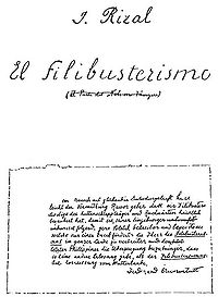 Facsímil copia de la primera página del manuscrito de El filibusterismo.