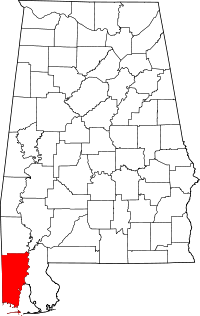 Mapa de Alabama con el Condado de Mobile resaltado