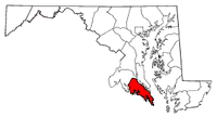 Mapa de Maryland con el Condado de Saint Mary's resaltado
