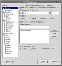 Diálogo principal de configuración PuTTY 0.58 sobre FVWM