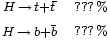 \begin{matrix} 
                       {}_{H\,\rightarrow\,t + \bar{t}} & 
                       {}_{???\,%} \\
                       {}_{H\,\rightarrow\,b + \bar{b}} & 
                       {}_{???\,%}
                 \end{matrix}