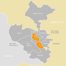Área Metropolitana de Monterrey: Apodaca (1), Escobedo (2), García (3), Guadalupe (4), Juárez (5), San Nicolás de los Garza (6), San Pedro Garza García (7), Santa Catarina (8) y Monterrey (Anaranjado)