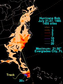 Map of rainfall totals from hurricane. The heaviest rainfall is centered in southern Florida and in the Carolinas, with light to moderate precipitation along most of the U.S. East Coast.