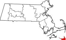 Mapa esquemático de Massachusetts, resaltando Nantucket, al sur del estado.