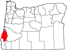 Mapa de Oregón con el Condado de Coos resaltado