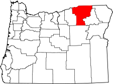Mapa de Oregón con el Condado de Umatilla resaltado