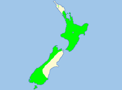 Distribución de M. umbellata en tierra firme en Nueva Zelanda. En las islas Auckland no se muestra.