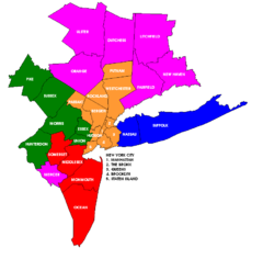 Área Metropolitana de Estadística de Nueva York-Norte de Nueva Jersey-Long Island, NY-NJ-PA División del Área Metropolitana de Nueva York-White Plains-Wayne, NY-NJDivisión del Área Metropolitana de Nassau-Suffolk, NYDivisión del Área Metropolitana de Newark-Union, NJ-PADivisión del Área Metropolitana de Edison-Nuevo Brunswick, NJResto del  Área de Estadística Combinada de Nueva York-Newark-Bridgeport, NY-NJ-CT-PA